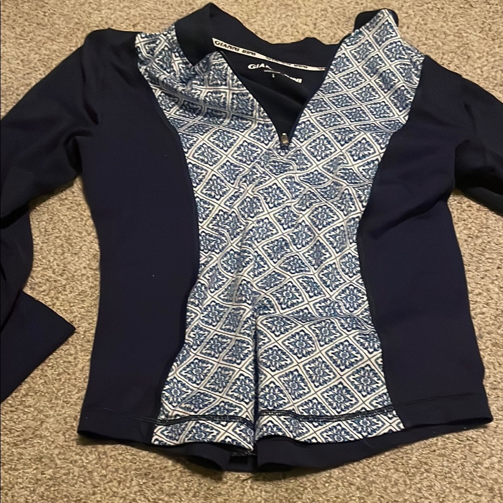 Gianni Bini Blue and White Asymmetrical Blouse with Notched Collar